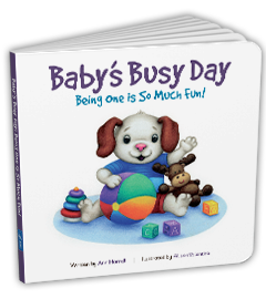 A white baby book with a white puppy with brown ears on the cover playing with toys, that is title 